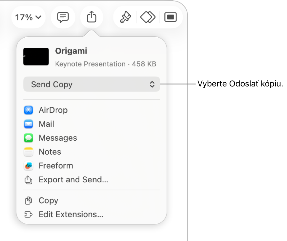 Menu Zdieľať s vybranou možnosťou Odoslať kópiu vo vrchnej časti.