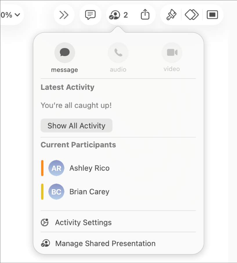 Samarbetsmenyn med namnen på de personer som samarbetar på en presentation.