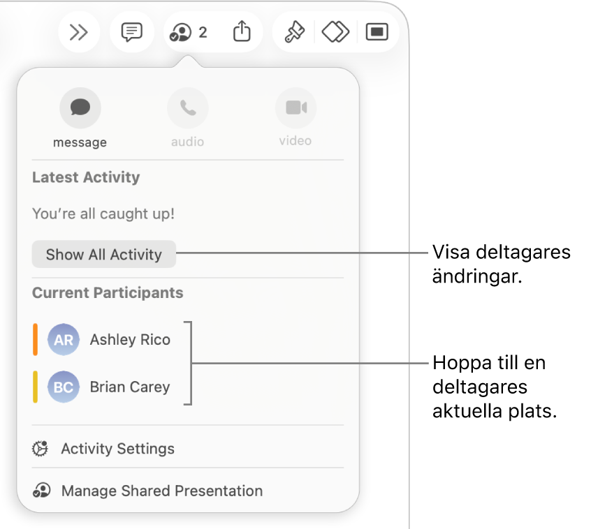 Samarbetsmenyn med två aktuella deltagare listade.