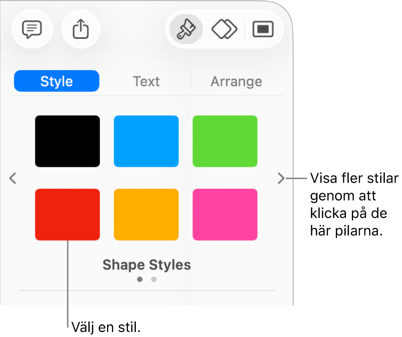 Fliken Stil i sidofältet Format med sex objektstilar och navigeringspilar till vänster och höger om dem.