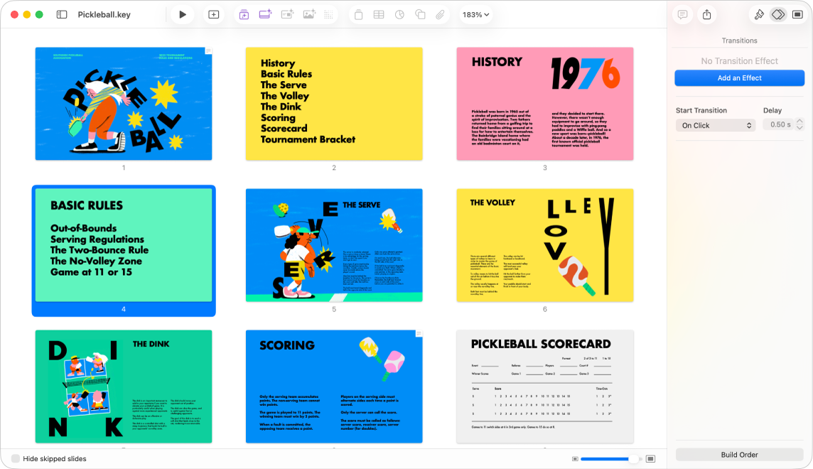 มุมมองตารางย่อที่แสดงเก้าสไลด์ในแนวนอนจำนวนสองแถว โดยมีตัวเลือกสำหรับเปลี่ยนลักษณะของชุดรูปแบบในแถบด้านข้างรูปแบบทางด้านขวาของหน้าจอ