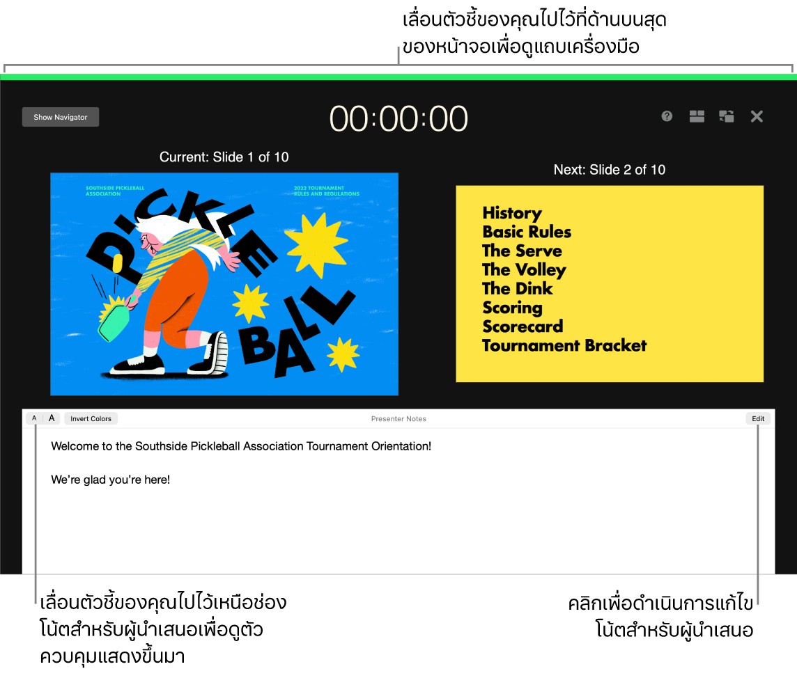 จอภาพของผู้นำเสนอของ Keynote พร้อมปุ่มสำหรับเปิดและปิดแถบนำทางสไลด์และตัวเลือกจอภาพอยู่ที่ด้านบนสุดของหน้าจอ สไลด์ปัจจุบันและสไลด์ถัดไปแสดงขึ้นที่กึ่งกลางของหน้าจอ โดยมีช่องโน้ตของผู้นำเสนอที่ด้านล่างสุด
