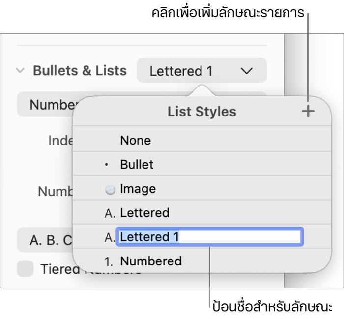 เมนูลักษณะรายการที่แสดงขึ้นที่มีปุ่มเพิ่มอยู่มุมขวาบนสุด และชื่อลักษณะช่องพักที่มีข้อความที่เลือกอยู่