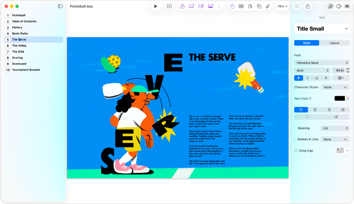 มุมมองเค้าโครงที่แสดงเค้าโครงของงานนำเสนอในแถบด้านข้างทางด้านซ้าย สไลด์ที่เลือกตรงกึ่งกลาง และแถบด้านข้างรูปแบบทางด้านขวาของหน้าจอ