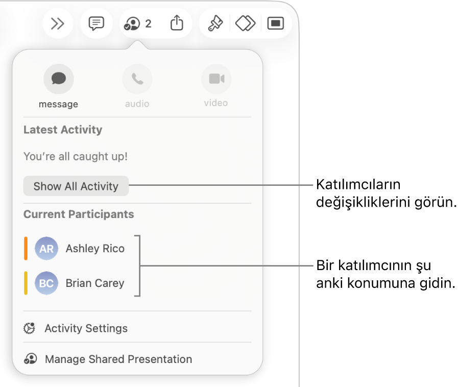 Ortak çalışma menüsünde iki güncel katılımcı listeleniyor.
