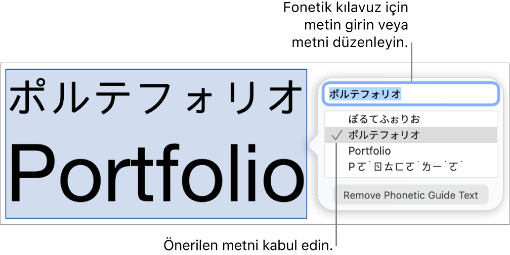 Bir sözcük için fonetik kılavuz, metin alanına ve önerilen metne ilişkin gösterimlere açılır.