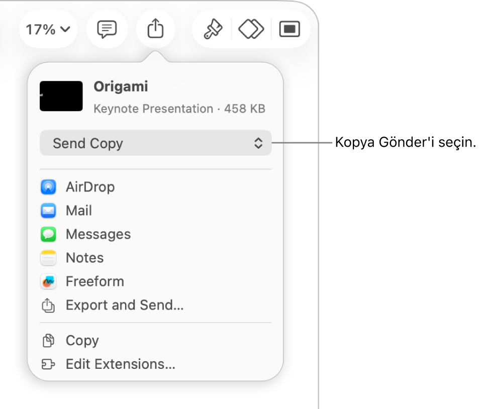 Paylaş menüsü, en üstte Kopya Gönder seçili.