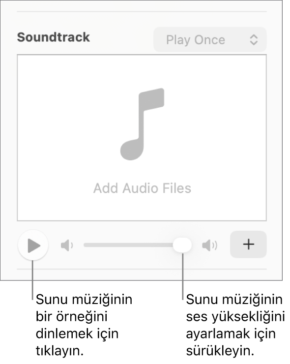 Oynat düğmesi ve belirtilen bir ses yüksekliği sürgüsü ile Film Müziği denetimleri.