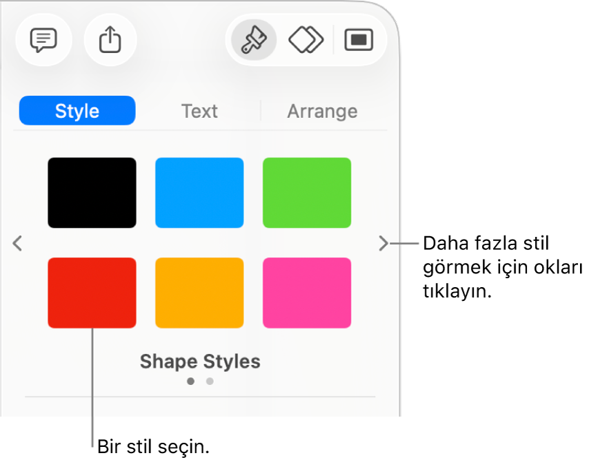 Solunda ve sağında dolaşma okları olmak üzere altı nesne stiliyle Biçim kenar çubuğunun Stil sekmesi.
