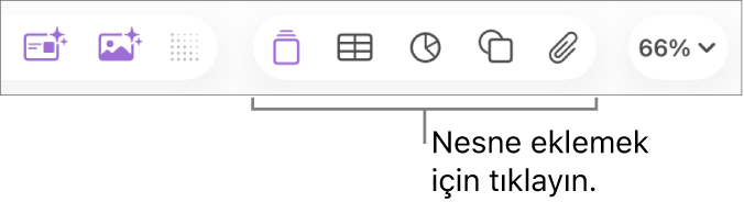 Bir slayta nesne eklemek için kullanılan düğmeleri gösteren Keynote araç çubuğu.