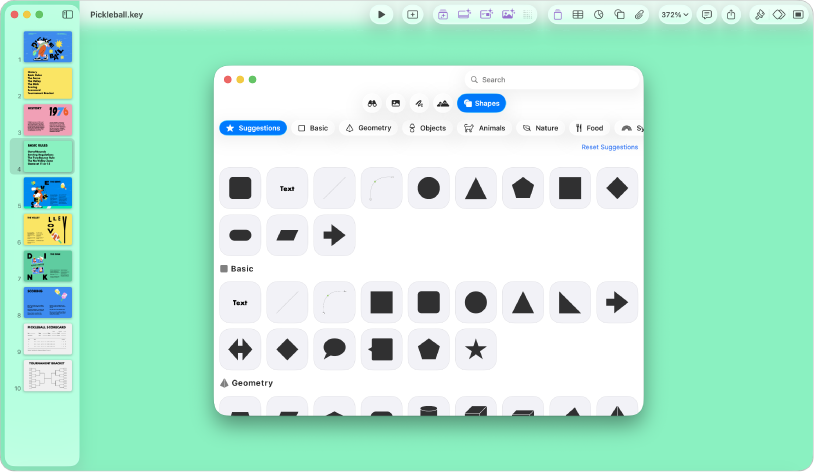 Вікно програми Keynote із відкритим меню «Фігури» на панелі інструментів.