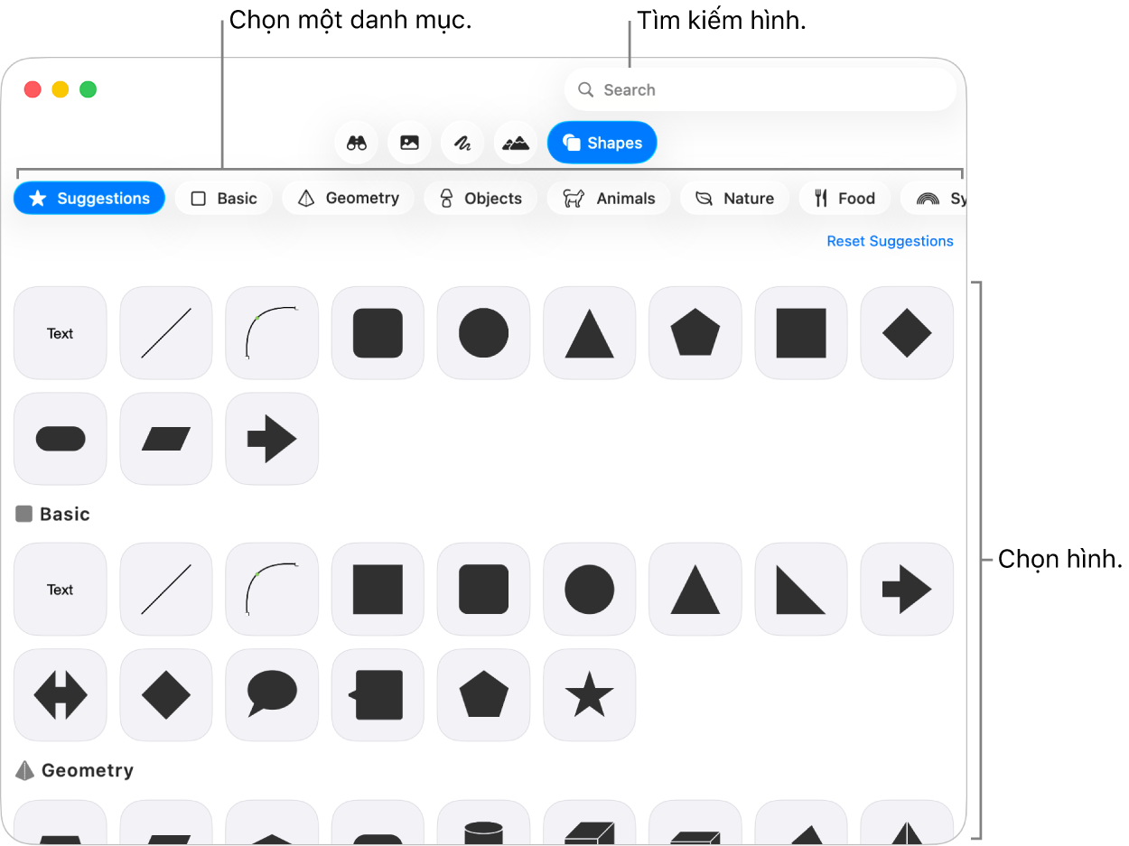 Thư viện hình dạng, với các danh mục được liệt kê ở bên trái và các hình được hiển thị ở bên phải. Bạn có thể sử dụng trường tìm kiếm ở trên cùng để tìm các hình và cuộn để xem thêm.