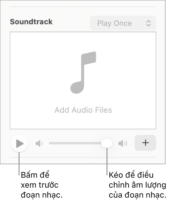 Các điều khiển Bản nhạc với nút Phát và thanh trượt âm lượng được gọi ra.