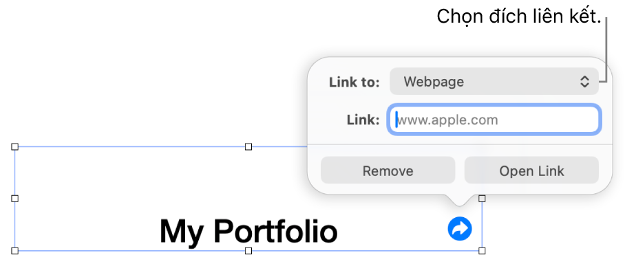 Các điều khiển của trình sửa liên kết với Trang web được chọn và các nút Xóa và Mở liên kết nằm ở cuối.