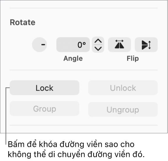 Các điều khiển Xoay, Khóa và Nhóm đối tượng với nút Khóa được gọi ra.