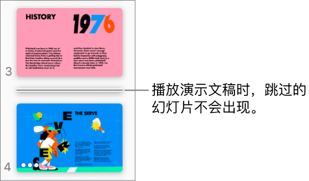 跳过的幻灯片显示为水平线的幻灯片导航器。