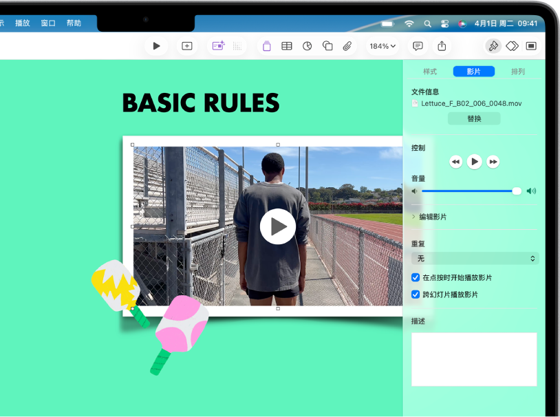 屏幕右侧的“格式”控制用于更改所选视频的大小和外观。“格式”控制顶部的“样式”、“影片”和“排列”按钮。