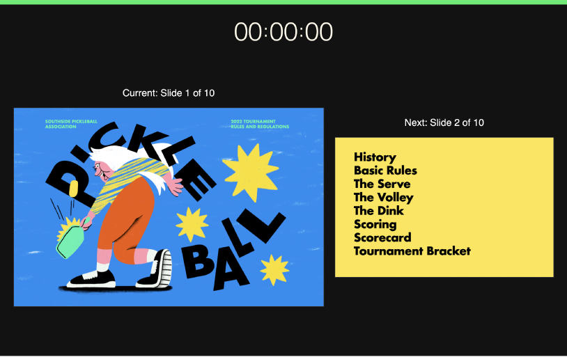 Keynote 視窗顯示演講者顯示方式。左邊是目前的投影片,右邊則是下一張投影片。簡報計時器在螢幕最上方顯示。