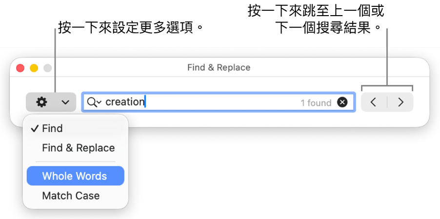 「尋找與取代」視窗,並有彈出式選單顯示「尋找」、「尋找與取代」、「完整字詞」和「區分大小寫」的選項。右邊的箭嘴可讓你跳到上一個或下一個搜尋結果。