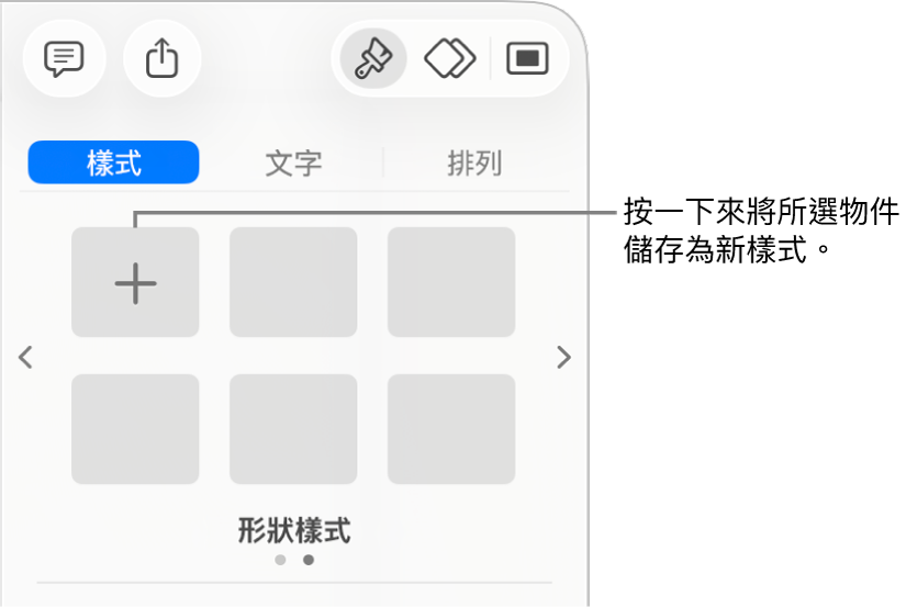 「格式」側邊欄的「樣式」標籤頁帶有一個文字框樣式,右側是「製作樣式」按鈕,以及四個空白的樣式暫存區。