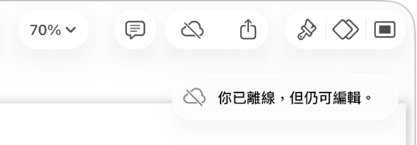 螢幕最上方的按鈕,「合作」按鈕變更為帶有對角線穿過的雲狀。螢幕上的提示顯示「你已離線,但仍可編輯」。