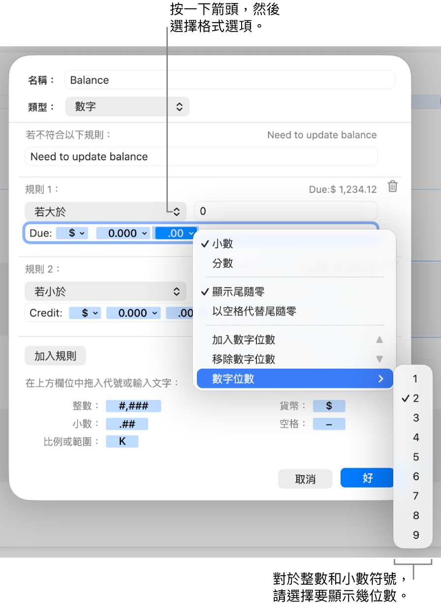 帶有控制項目的自訂輸入格格式視窗,用來製作自訂數字格式。