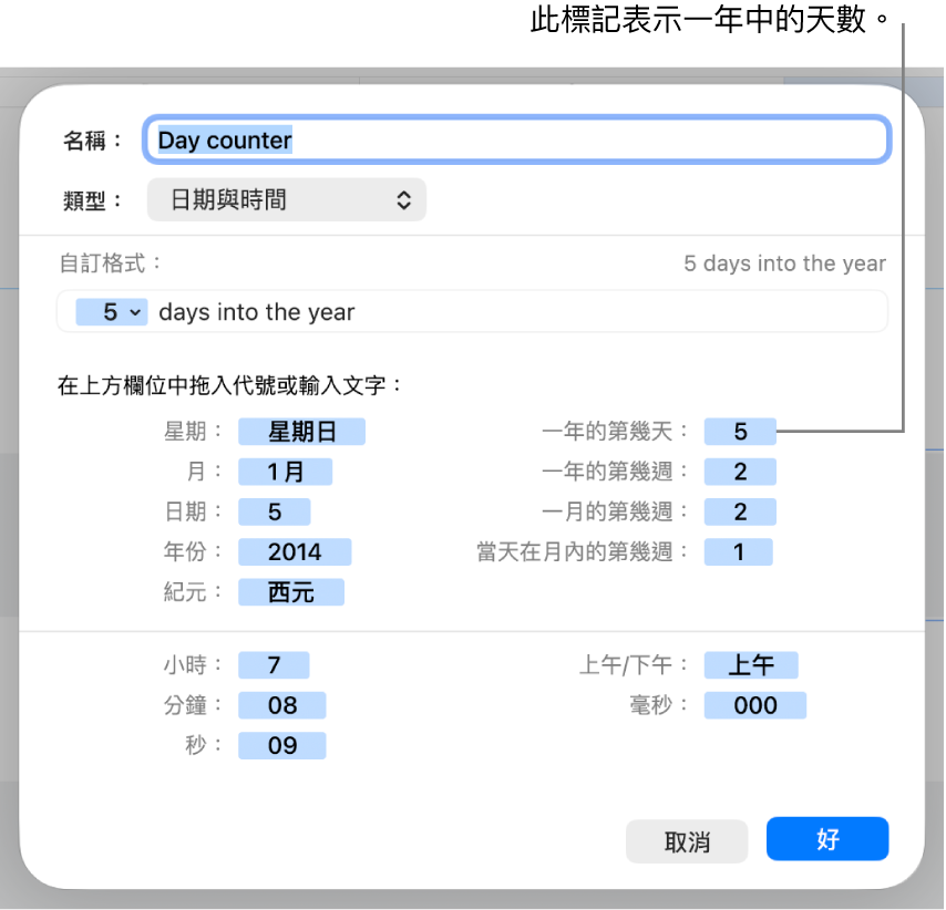 帶有控制項目的自訂輸入格格式視窗,用來製作自訂日期與時間格式。