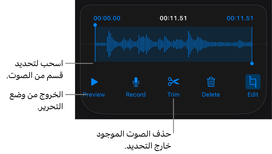 أدوات التحكم لتعديل الملف الصوتي المسجَّل. يوضح المؤشران القسم المحدد من التسجيل، وتوجد بالأسفل أزرار معاينة وتسجيل وقص وحذف ووضع التعديل.
