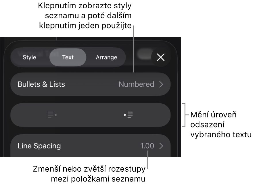 Oddíl Odrážky a seznamy na panelu Formát s připojenými popisky pro ovládací prvky Odrážky a seznamy, pro tlačítka zvýšení a snížení úrovně odsazení a pro ovládací prvky řádkování.