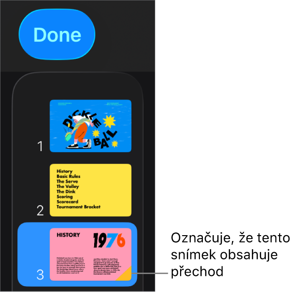 Žlutý trojúhelník na snímku znamená, že snímek má přechod