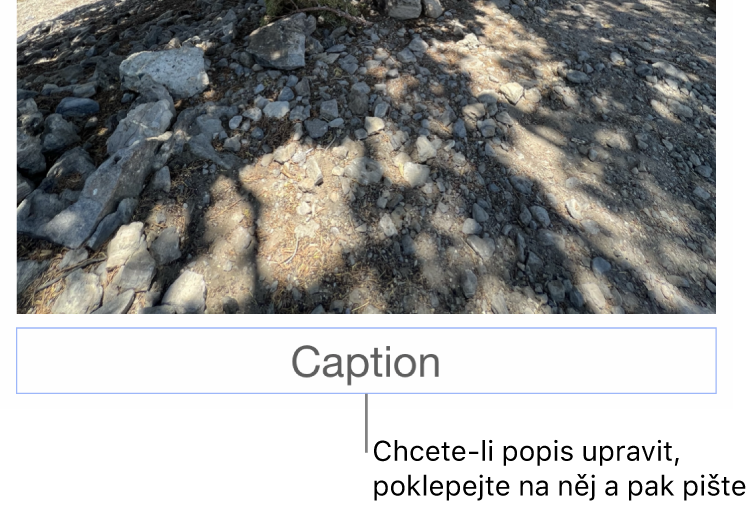 Pod fotkou se nachází maketa titulku s názvem „Titulek“; pole titulku je zvýrazněné modrým obrysem