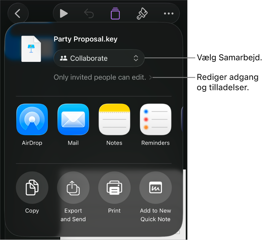 Menuen Del med Samarbejde valgt øverst og adgangs- samt tilladelsesindstillinger nedenunder.