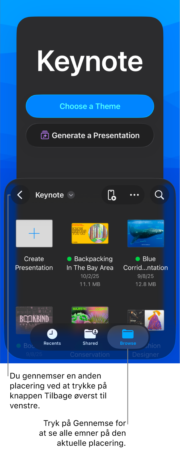 Gennemse er valgt i dokumentadministrationen. Knappen Tilbage findes i det øverste venstre hjørne, og under den er der et søgefelt. I øverste højre hjørne findes knapperne Tilføj og Mere samt fjernbetjeningsknappen. Nederst på skærmen vises knapperne Seneste, Delt og Gennemse.