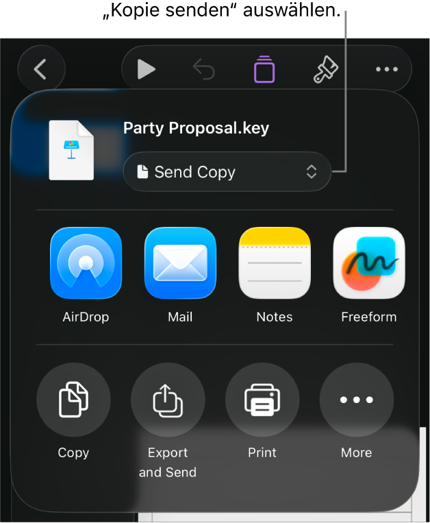 Das Menü „Teilen“, in dem „Kopie senden“ oben ausgewählt ist.