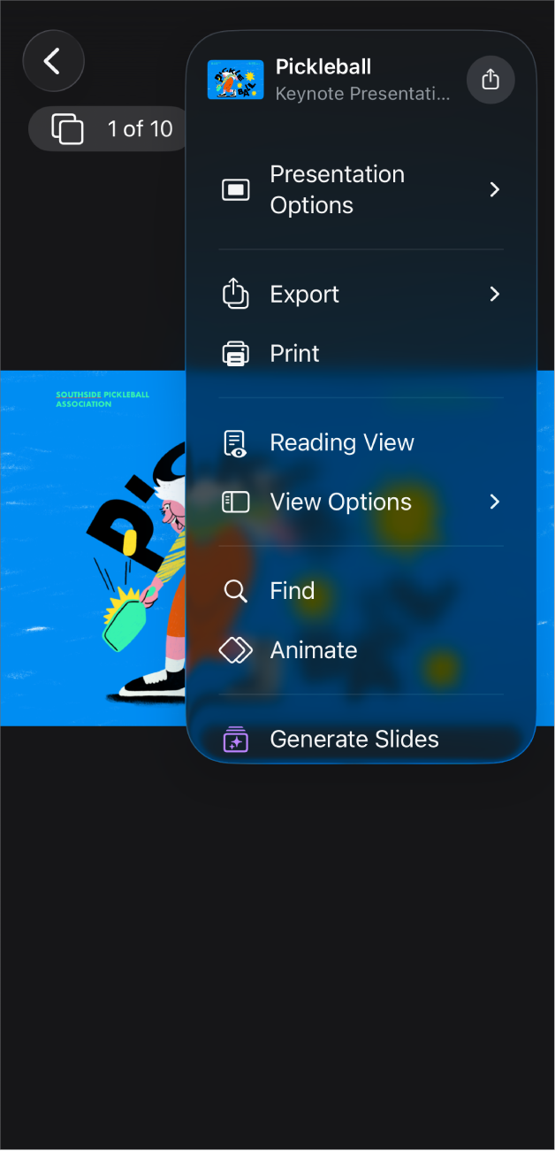 Η εφαρμογή Keynote με τις επιλογές Εξαγωγής ανοιχτές στο μενού «Περισσότερα» στη γραμμή εργαλείων.