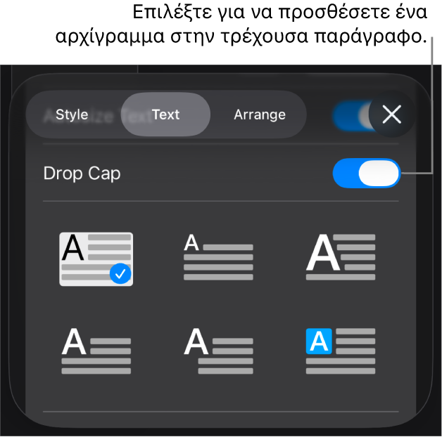 Τα στοιχεία ελέγχου αρχιγράμματος βρίσκονται στο μενού «Κείμενο».