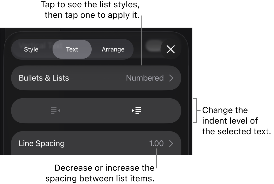 The Bullets & Lists section of the Format controls with callouts to Bullets & Lists, outdent and indent buttons, and line spacing controls.