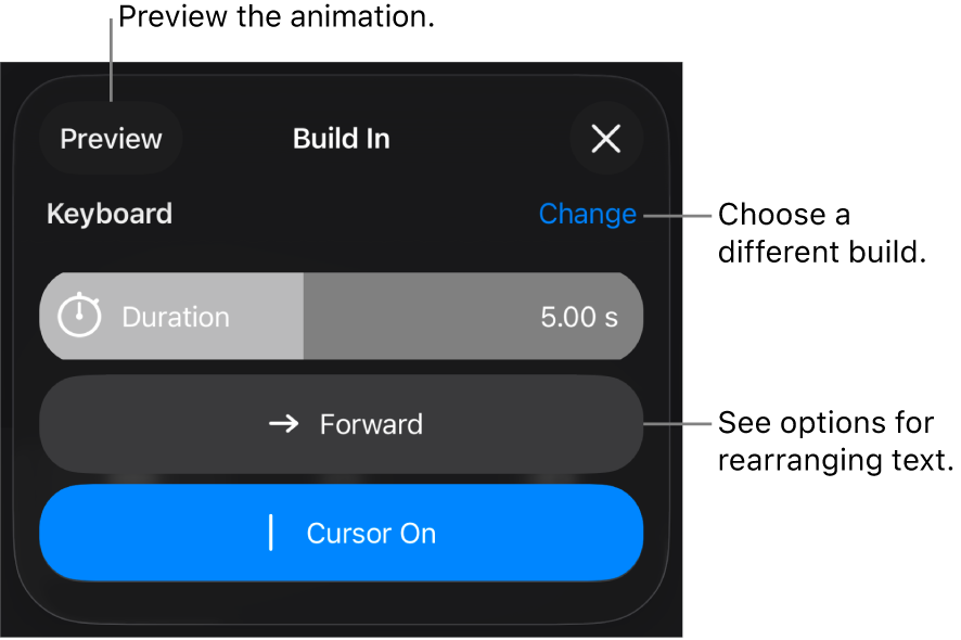 Build In options include Duration, Text Animation and Delivery. Tap Change to choose a different build or tap Preview to preview the build.