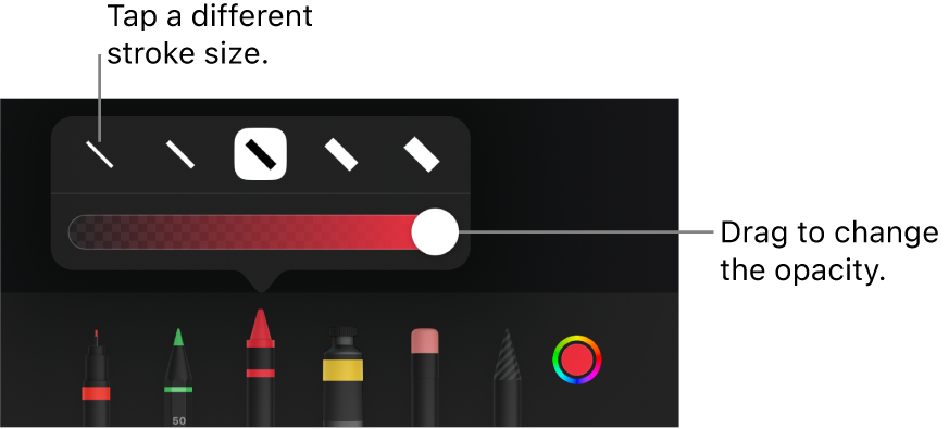 Controls for choosing a stroke size and a slider for adjusting the opacity.
