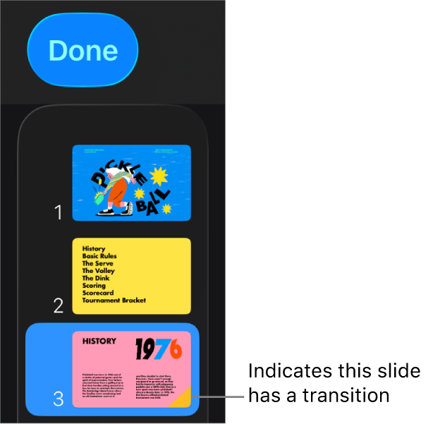 A yellow triangle on a slide indicates the slide has a transition.