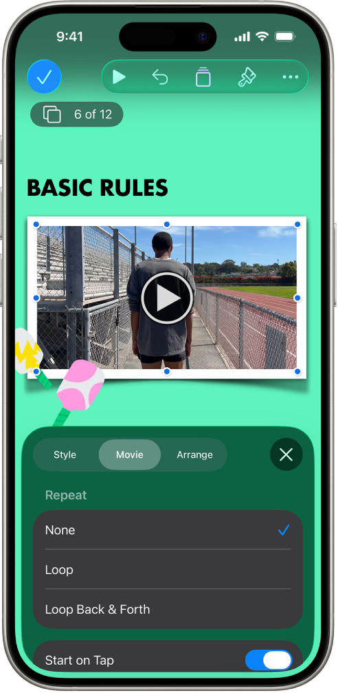 The Format controls for changing the size and appearance of the selected video. Style, Film and Arrange buttons are across the top of the controls.