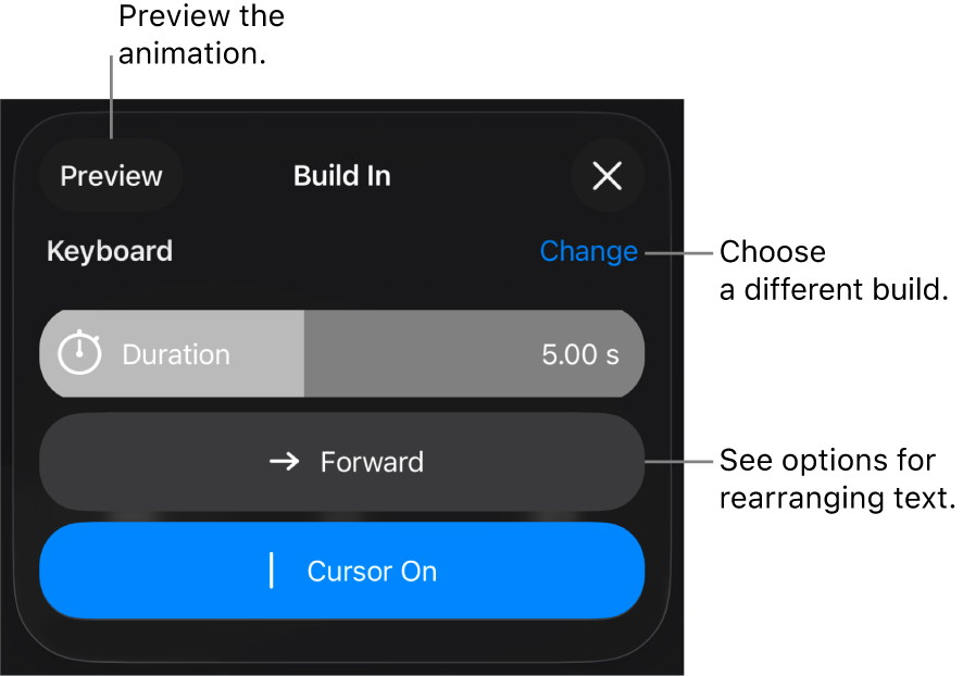 Build In options include Duration, Text Animation and Delivery. Tap Change to choose a different build, or tap Preview to preview the build.