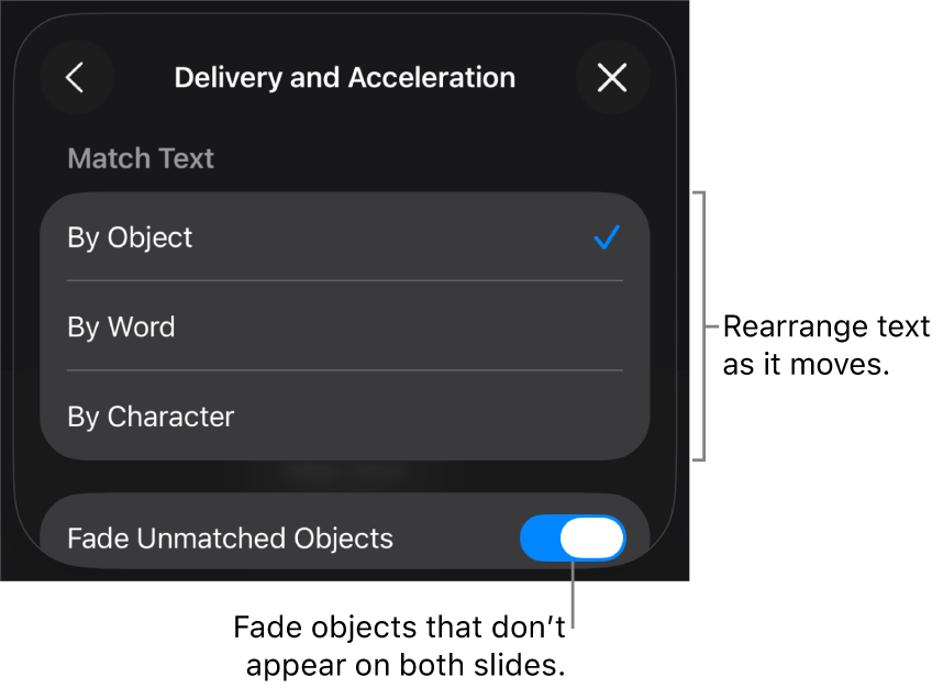 Magic Move delivery and acceleration options in the Acceleration pane.