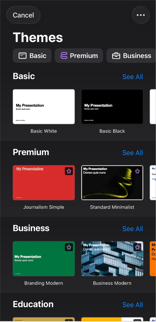 The theme chooser, showing a row of categories across the top that you can tap to filter the options. Below are thumbnails of predesigned themes arranged in rows by category.