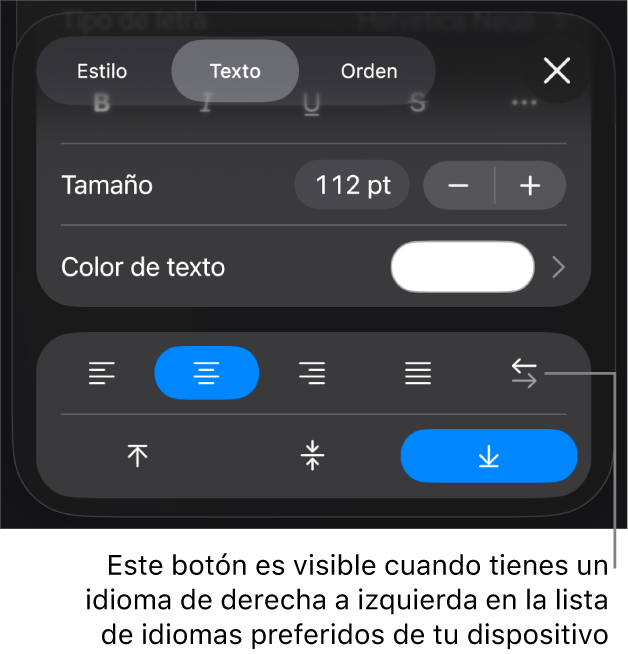 Los controles de texto se encuentran en el menú de Formato, con un mensaje que señala el botón De derecha a izquierda.
