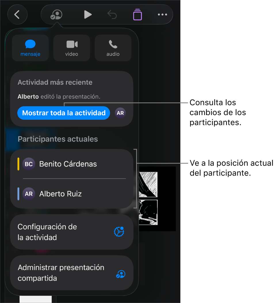 El menú de colaboración con los participantes actuales que aparecen ahí.
