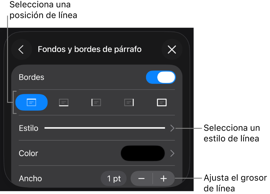 Controles para cambiar el estilo de línea, grosor, posición y color.