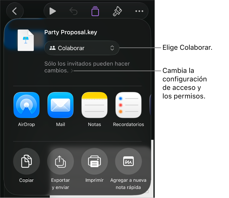 El menú Compartir con la opción Colaborar seleccionada en la parte superior, y la configuración de acceso y permisos debajo.
