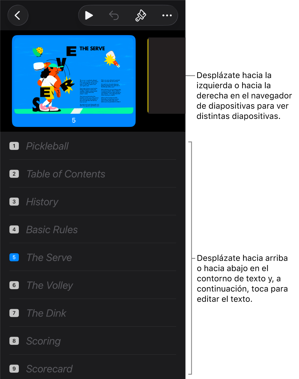 La vista de esquema con el navegador de diapositivas horizontal en la parte superior de la pantalla, y un esquema de texto de una presentación en la parte inferior.
