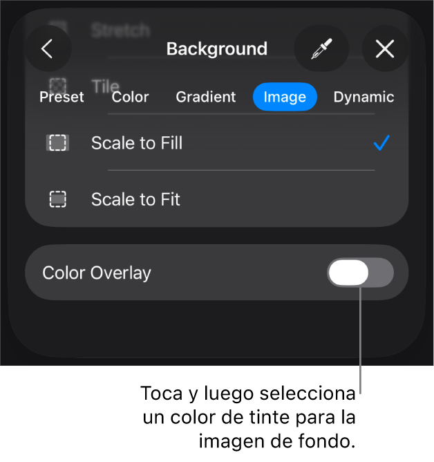 Los controles de Fondo con una imagen establecida como el fondo de la diapositiva y el control “Superposición de color” en la parte inferior.